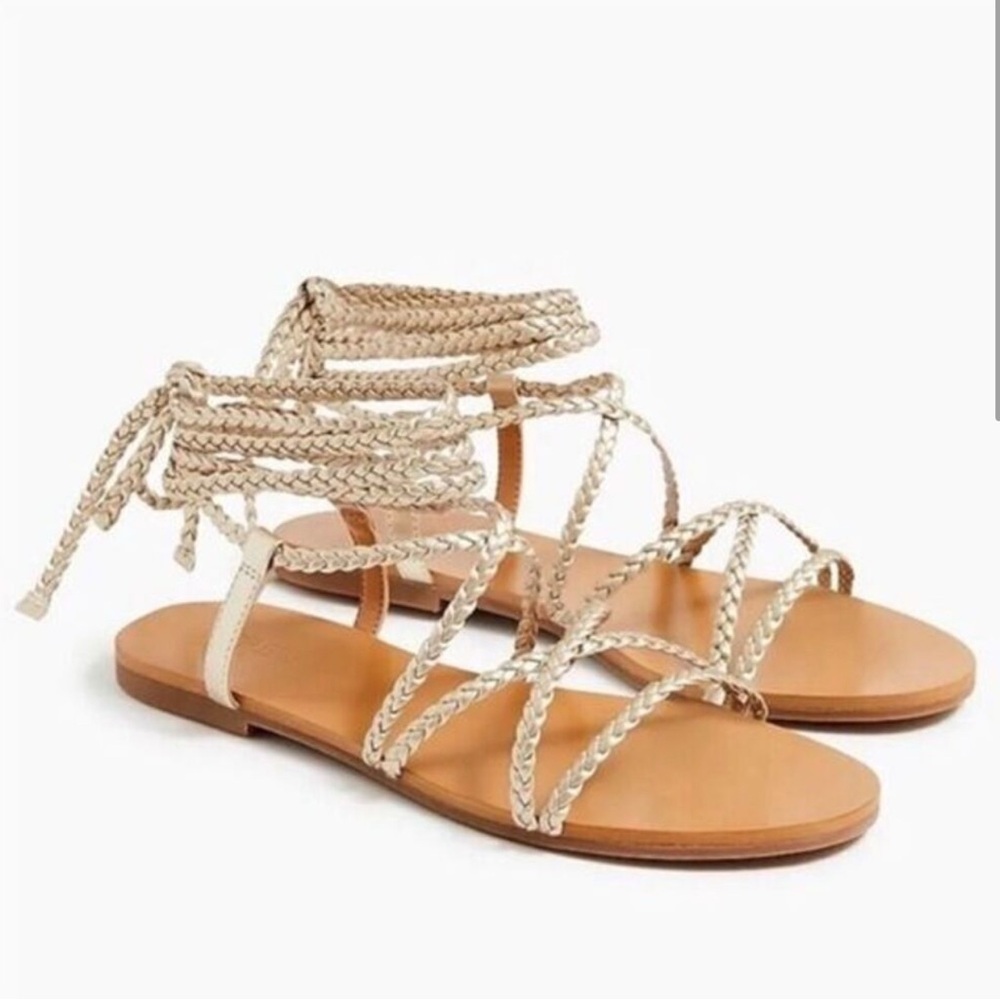 Braided Lace Up Leather light Gold Sandals